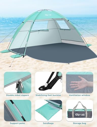 Glymnis Beach Tent Sun Shelter for 4 Person with UPF 50+ UV Protection, Lightweight & Easy Setup Beach Shade Canopy with V...