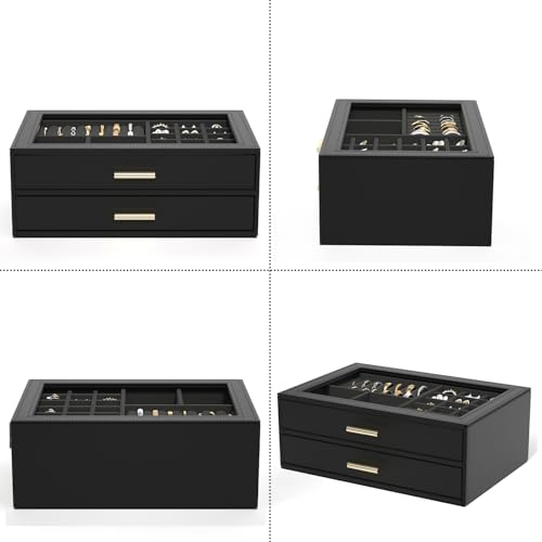 AKOZLIN Jewelry Box with Clear Lid Functional Leather Jewelry Storage Organizer Case 2 Drawers for Women Girls Necklace Ri...