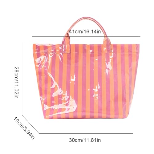 JQWYGB Striped PVC Tote Bag Large Glossy Striped Handbags Waterproof Top Handle Bag Plastic Tote Handbag Beach Travel Work
