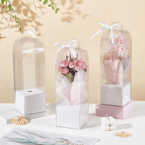 BENECREAT 12Pcs Single Rose Flower Box Empty Bag, Clear Flower Packing Boxes Flower Gift Boxes for Graduation Wedding Birt...