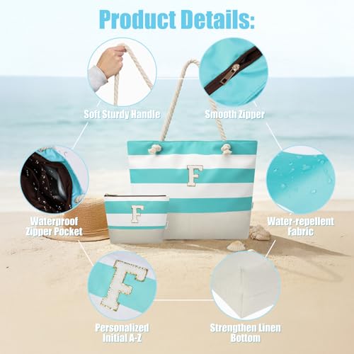 Vavabox Initial Beach Tote Bag for Women, Water-resistant Travel Beach Bag Pool Bag Set, Birthday Gifts for Women Mom