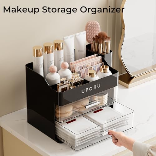 UFORU Makeup Organizer for Vanity with Brush Holder, Countertop Skincare Organizer with 2 Drawers, Spacious Cosmetic Displ...