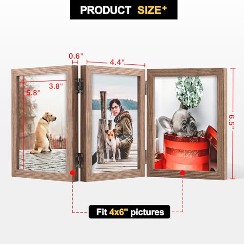 TOFOREVO 4x6 3 Picture Frame Triple Wooden Three Hinged Photo Frame Definition Glass Stand Vertically on Desktop or Tabletop