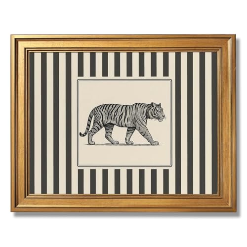 Gold Framed Vintage Tiger Wall Art Black and White Striped Wild Animal Poster Retro Jungle Big Cat Wildlife Canvas Print B...