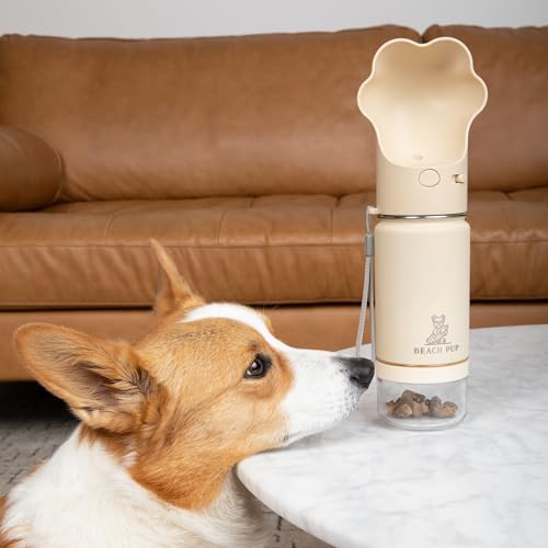 Dog Portable Water Bottle Stainless Steel 10 oz with Food Container - Pet Water Bottle - Cream Portable Dog Water Dispense...