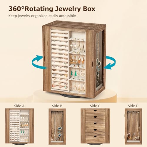 Emfogo 360° Rotating Jewelry Box for Women, Rustic Wooden Jewelry Organizer Box with 5 Drawers, Glass Doors, Vertical Open...