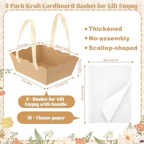 Fuyoooo 8 Sets Baskets for Gifts Empty Sturdy Kraft 10x9'' Scalloped Edge Thick Kraft Baskets with Handles 16 Tissue Paper...