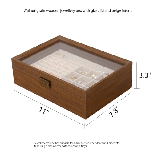 QINGTUHOME 2-Layer Glass Lid Walnut Jewelry Box for Women, Vintage Style Solid Wood Jewelry Organizer and Display Case, Id...