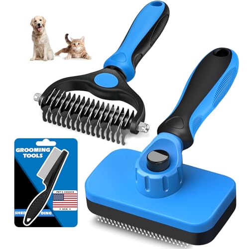 3PCS Self Cleaning Slicker Brush & Pet Grooming Rake & Flea Comb for Dogs, Cats and Horses | Double-Sided Dematting Comb &...