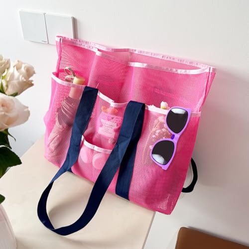 EOGOW Mesh Beach Bag XL Pink, Large Beach Bag Tote with Seashell Bag for Family Summer Travel