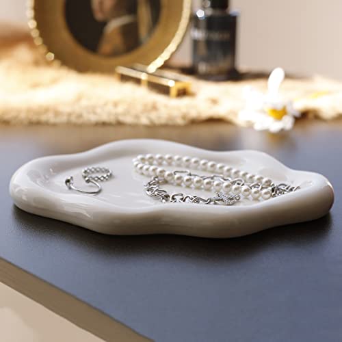 MDFAYE Jewelry Dish Trinket Tray for Women, Ring Dish Holder, Unique Cloud Shape Ceramic Plate Cute Things Vanity Aestheti...