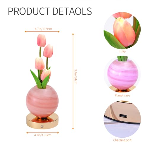 TXGZYBhg Tulip Flower Planet Lamp with Remote Control, Rechargeable Cordless Touch Dimming Artificial Flower Desk Lamp, LE...