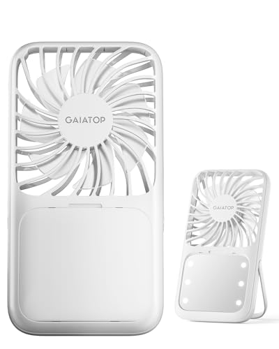 Gaiatop Portable Handheld Fan, 3 Speed LED Makeup Mirror with Light, Folding Stand for Desktop, Rechargeable Mini Personal...