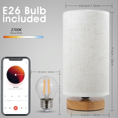 Small Bedside Night Table Lamp for Bedroom, Minimalist Nightstand Lamp with Round Fabric Linen Shade, Study Reading Desk L...
