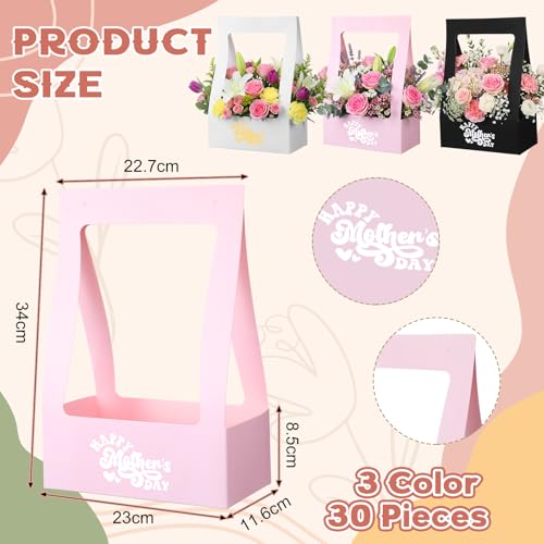 PerKoop 30 Pcs Mother's Day Flower Box for Arrangement Bouquet Bags for Flowers Gift Bags with Handle Waterproof Packaging...