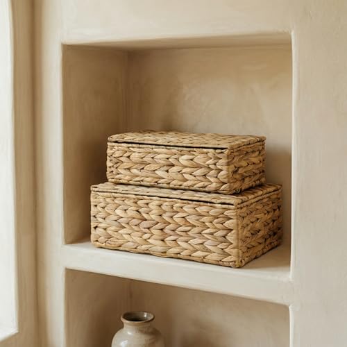 Decorative Storage Boxes with Lids - Set of 2 Beautiful Wicker Organizer Bins for Your Shelves & Home Decor - Safely Store...