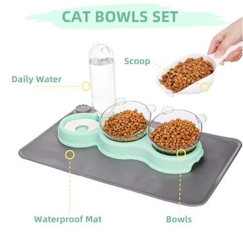 WRINGKIT Triple Cats Bowls, Cat Food Water Bowl with Mat and Scoop, 15° Tilted Raised Cat Bowl Dishes with Automatic Water...