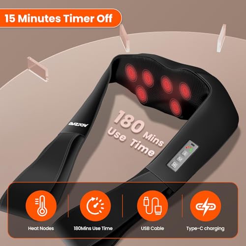 AMZPONY® Cordless Neck Massager for Pain Relief Deep Tissue, Rechargeable Shiatsu Neck and Back Massager with Heat Kneadin...