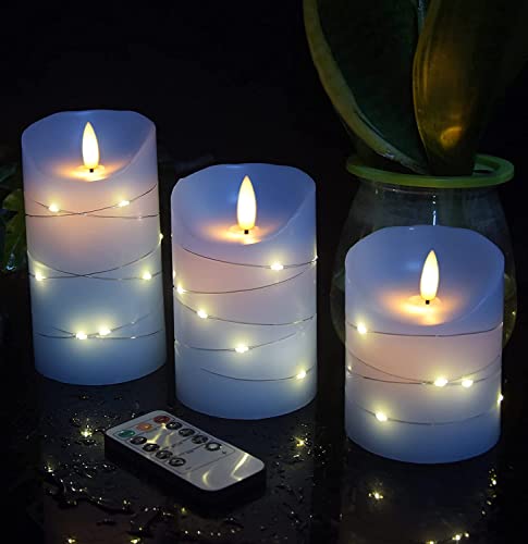 danip Sky Blue LED Flameless Candle, with Embedded Star String, 3-Piece Set of LED Candles, with 11 Button Remote Control,...
