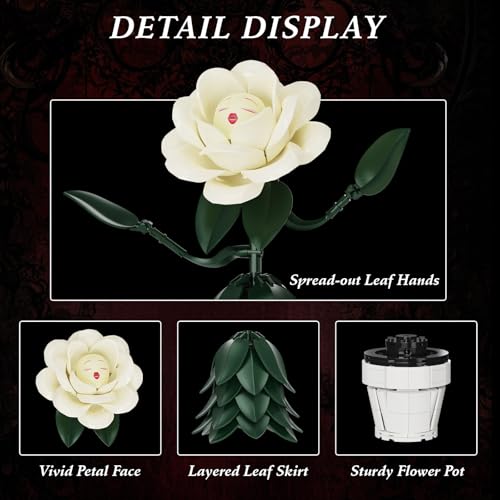 Wonderland Flower Building Block Sets, Ivory White Rose Flower Compatible with Lego, Home Decor Flowers for Adults, Girls,...