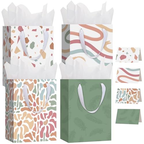 woric 10.6" Sage Green Flowers Gift Bags with Tissue Paper, 4 Medium Gift Bag with Greeting Cards for Mother's Day Birthda...