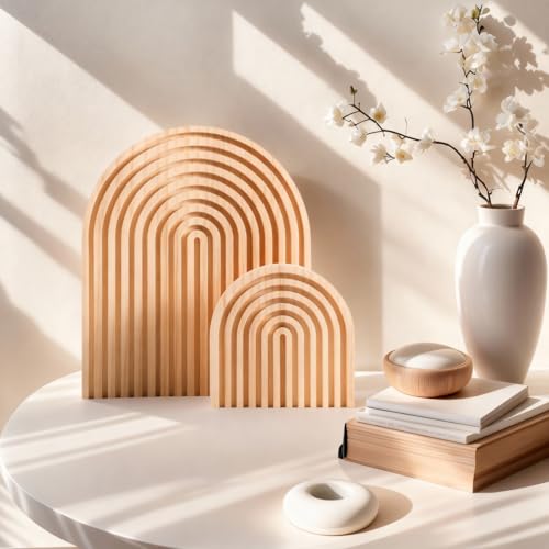 Nawwoo 2 Pcs Natural Wood Arch Decor, Boho Shelf & Serving Board for Fireplace Mantel, Kitchen Counter - Light Pine Finis...