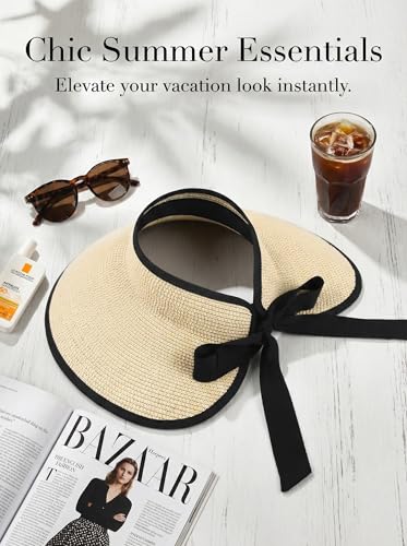 AlturaGo Sun Visor Hat for Women Wide Brim Ponytail Straw Hat UV UPF Summer Beach Vacation Packable Foldable Travel