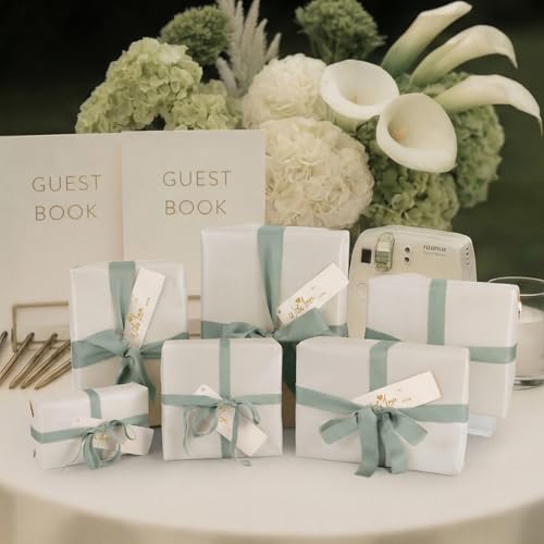 Ctosree Sage Green Wedding Gift Wrap Kit 32.81ft Wrapping Paper 3 Widths Fringe Satin Ribbon 12 Kraft Tags Elegant Packagi...