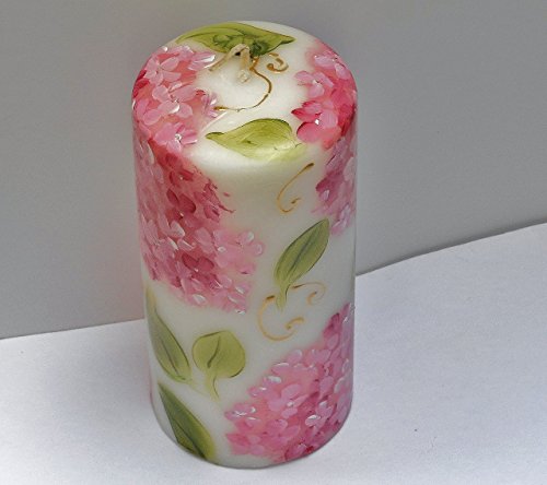 Beautiful Large Tall Decorative Romantic Hand Painted Pink Hydrangea Flower White Pillar Candle with Golden Swirls Big Flo...