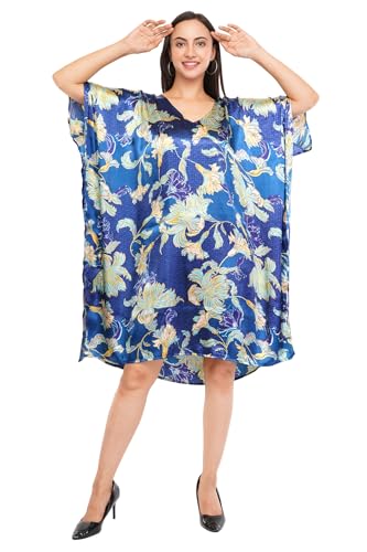laiara lifestyle Limited Short Kaftan, Free Size, Blue Floral, Satin, Party and Evening