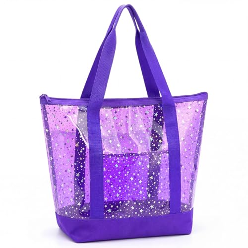 Sanwuta Clear Star Tote Bag for Women, Security Approved Large Tote Shoulder Beach Bag with Zipper for Travel Work