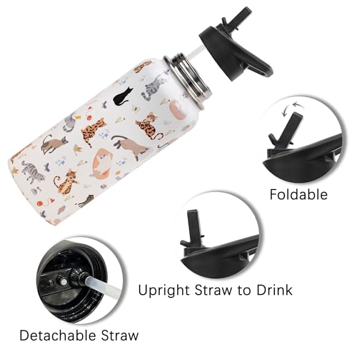 Insulated Water Bottle 32 oz, Cat Water Bottle with Straw and Lid, Reusable Leakproof Water Bottle Stainless Steel, Cat Lo...