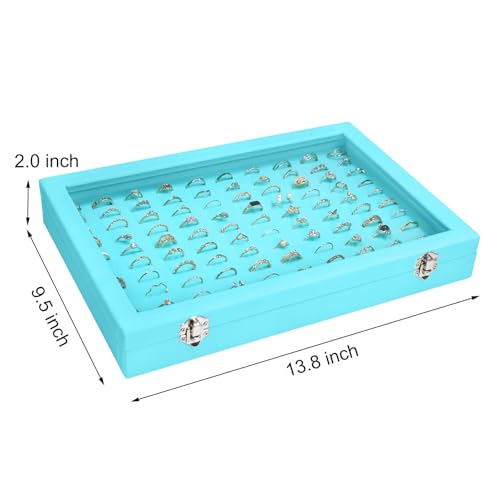 Siveit Velvet Ring Display Tray Organizer Box with Transparent Lid, 100 Slot Ring Holder Showcase For Store Display Jewelr...