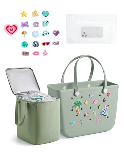 BAGSMART Large Beach Bag for Women with Cooler, Rubber Tote Bag with Charms, Waterproof Vacation Essentials for Swim Pool