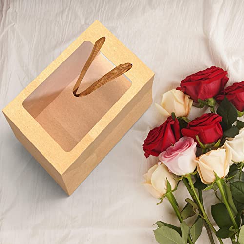 BallHull 12 Pcs Brown Paper Gift Bags with Transparent Window, 9.84"x7.0"x5.12" Kraft Shopping Bags with Handles for Bouqu...