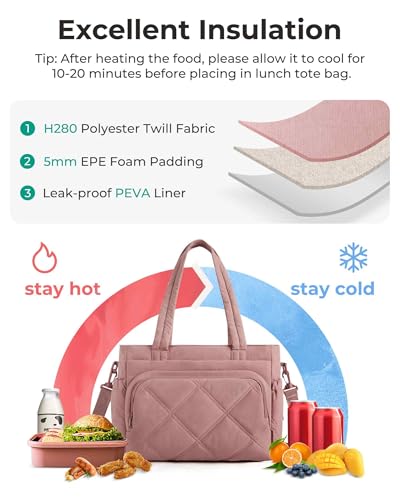 BAGSMART Lunch Bag Women Large Lunch Box Insulated Tote Bag with Multi-Pockets Quilted Puffy Tote for Work, Outdoors