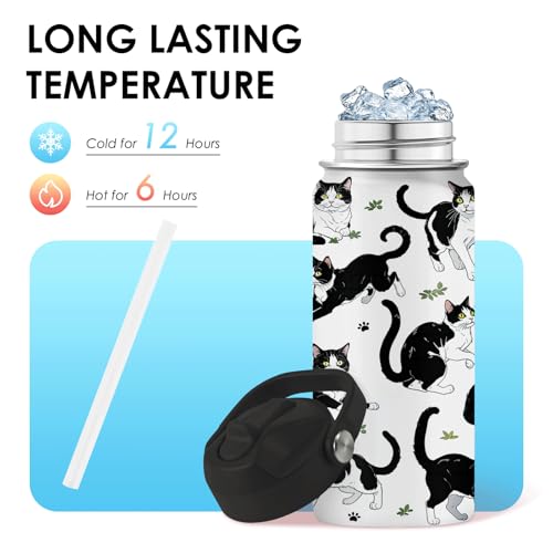 Cat Gifts for Kids - 16oz Black Cat Water Bottle with Straw Lid, Stainless Steel Insulated Bottle, Leak Proof, BPA-Free, f...