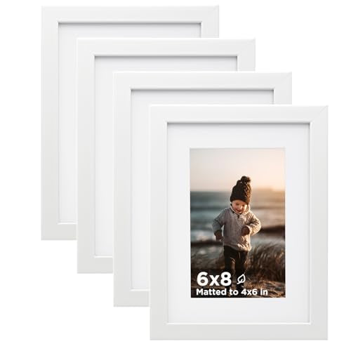 KINLINK 6x8 Picture Frame White Set of 4, Wooden Photo Frames Matted 4x6 with Plexiglass for 4x6 with Mat or 6x8 without M...