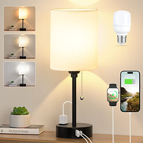 Small Bedside Table lamp for Bedroom - 3 Color Temperatures Bedside Lamps with USB C and A Ports, Pull Chain Table Lamps w...