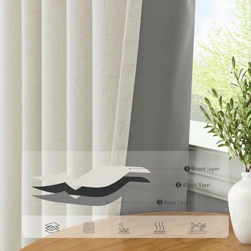 100% Blackout Curtains 84 Inch Length 2 Panels Set Neutral Boho Linen Farmhouse for Bedroom Windows Living Room Darkening ...