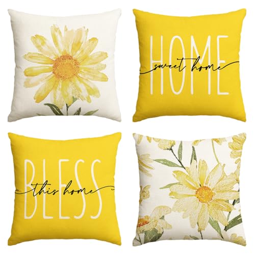 AVOIN colorlife Home Sweet Home Spring Summer Flowers Yellow Throw Pillow Covers, 18 x 18 Inch Cushion Case for Sofa Couch...