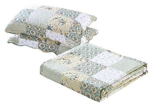 All American Collection New Reversible 3pc Floral Printed Patchwork Blue/Green Bedspread/Quilt Set Matching Curtains Avail...