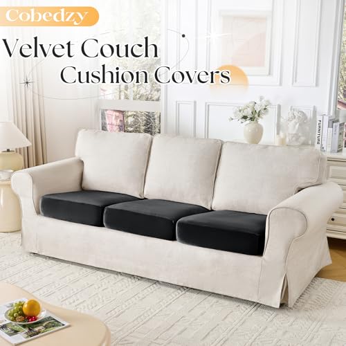Cobedzy Black Velvet Stretch Couch Cushion Cover, Soft Sofa Seat Cushion Covers, Sofa Cushion Slipcover with Elastic Botto...