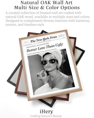 iHery Natural OAK Wood Audrey Hepburn Newspaper Trendy Framed Wall Art, 12x16 in Vintage Headline Canvas Bedroom Wall Deco...
