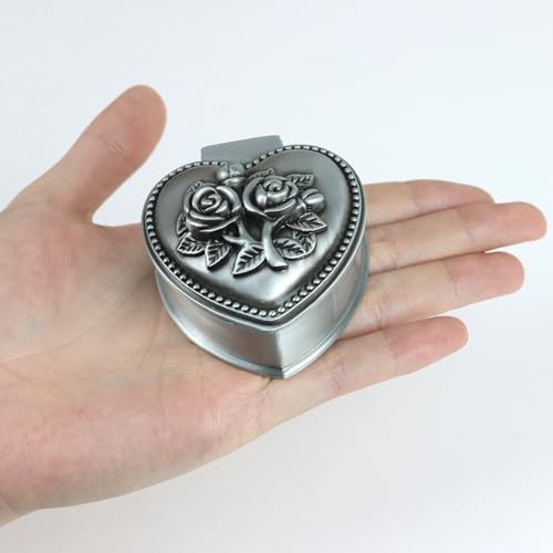 Vintage Metal Trinket Jewelry Box, Small Heart Shape Jewelry Organizer Rose Flower Sunflower Antique Treasure Chest Ring H...