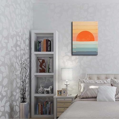 Boho Sun Wall Art, Framed Canvas Wall Art Rainbow Sun Rising on the Horizon Geometric Nature Illustrations Line Art Wall, ...