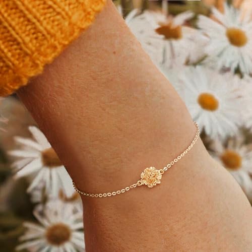MYEARS Birth Flower Bracelets for Women Gold Sideways Charm 12 Months 14K Simple Dainty Chain Floral Jewelry Gift