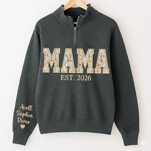 Personalized Floral Embroidered Applique Grandma Quarter Zip Sweatshirt for Women, Custom Grandma Gifts from Grandkids