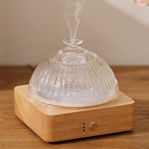 Lecdura Glass Essential Oil Diffuser with Glass Reservoir & WoodBase, 200ml Ultrasonic Lock Color Timer Auto-Off 7 Color L...
