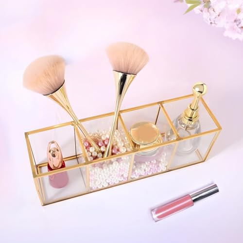 Toyosport Gold Pencil Holder, Gold Makeup Brush Holder, 4-Compartment Desktop Organizer, Transparent Glass Holder, Ideal f...
